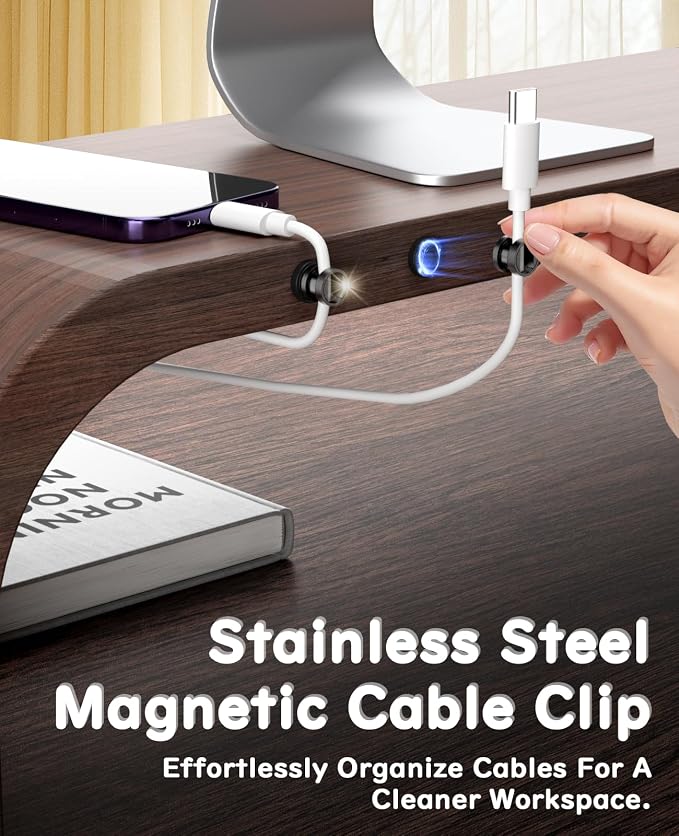 Maveek Magnetic Cable Holder 6 Pack, Stainless Steel Cord Clips Wire Organizer Office Desk Accessories USB Charging Cords Management Nightstand (Metallic Black)
