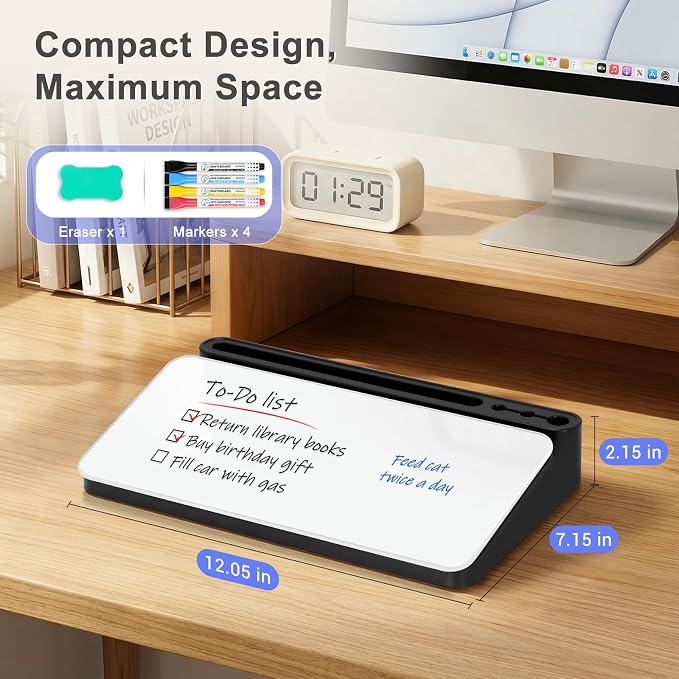 Small Desktop Glass Whiteboard with Storage, Desk Dry Erase White Board | Computer Keyboard Stand, Office Desk Organizers and Accessories with Drawer, To Do Memo Notepad, Home School Supplies