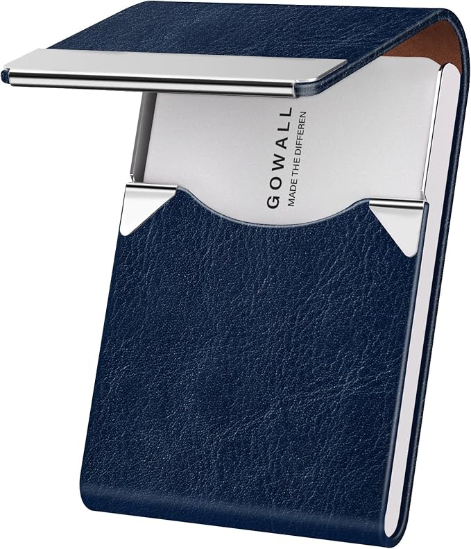 Business Card Holder with Magnetic Closure, Slim Metal PU Business Card Case for Men Women, 3.7 x 2.3 inches RFID Blocking Credit Cards Holder for Pocket or Bag Storage, Dark Blue