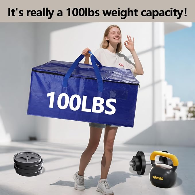 10 Pack Waterproof Moving Bags with Strong Zippers and Reinforced Handles, Real 100lb Capacity Extra Heavy Duty Large Storage Totes for Packing & Moving Storing, Alternative to Moving Boxes -95L,Blue