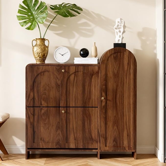 Arched Cabinet with Doors-Shoe Cabinet,Hidden Shoe Rack,Shoe Stand for Entryway Compact Shoe Storage in Walnut Finishes,Mid-Century Style for Entryway