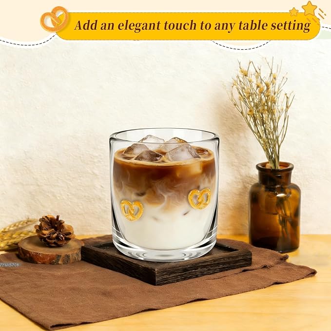 14 Ounce Icon Juice Glasses, Aesthetic Cocktail & Old Fashioned Drinking Glasses, Iconic Clear Glass Cups for Women, Sister, Friend & Party Gifts (Pretzels)