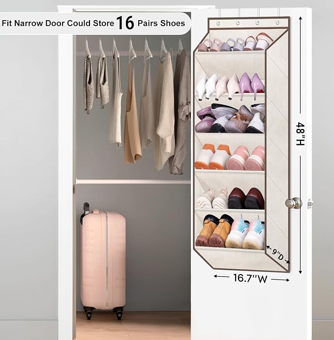 SLEEPING LAMB Over The Door Shoe Organizer for Closet with Large Deep Pockets, Narrow Shoe Rack for Door Hanging Boots Storage, Beige