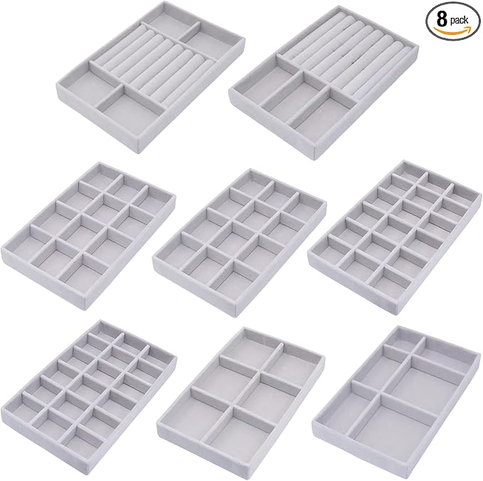 Jewelry Storage 8PACK, Velvet Jewelry Organizer Trays, 4PCS Stackable Jewelry Tray for Drawers, Grey Organizer for Rings, Earrings, Necklaces, Watches, Bracelets, Brooches