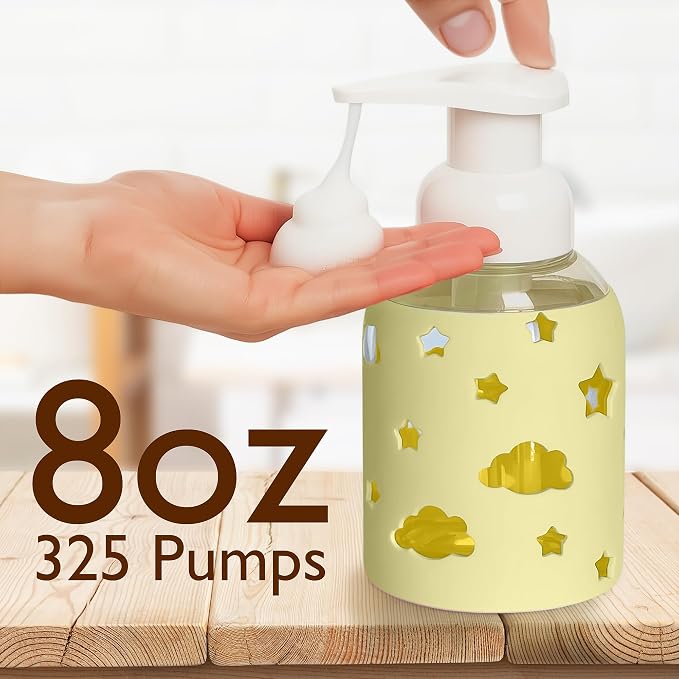 SoCal Suds & Company Foaming Hand Soap Dispenser Glass, Liquid Soap Pump with Cloud & Star Sleeve, Refillable Bottle for Kids, Baby Wash & Shampoo, Ideal for Bathroom & Kitchen Use, Light Yellow, 8oz