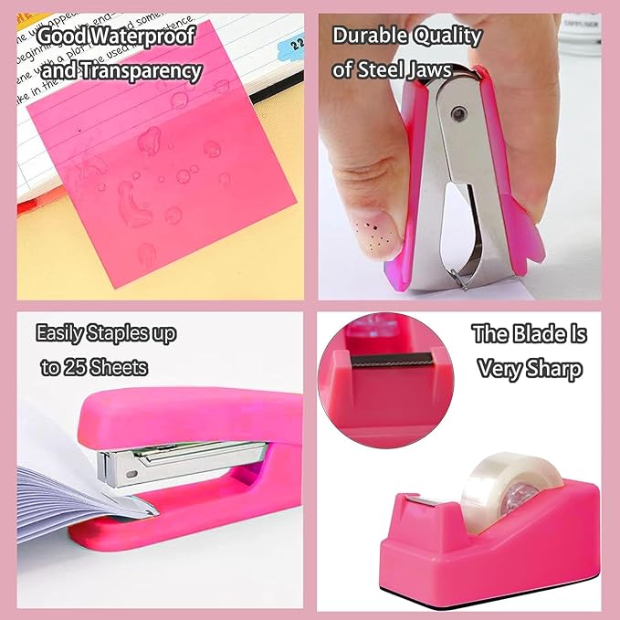 Hot Pink Office Supplies Set for Kids, Stapler and Tape Dispenser for Women, Pink Desk Accessories for Kids, Office Desk Accessories Gift for Women, Boss Lady, Coworkers