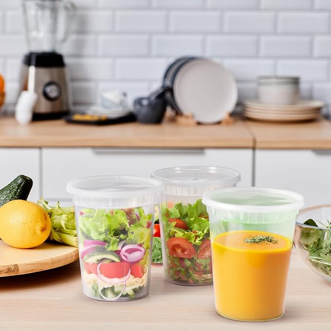 Glotoch Express 32oz Large Food Storage Containers with Lids, BPA-Free Leakproof Plastic Deli Cups, Microwave/Freezer/Dishwasher Safe, 240 Pack