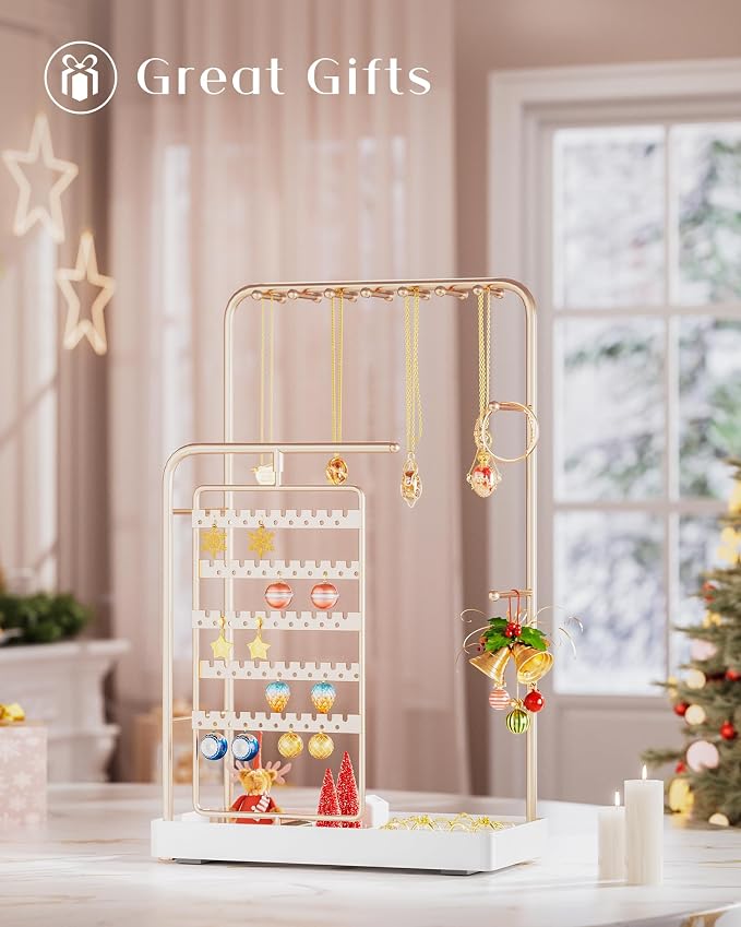 ProCase Jewelry Stand Holder Organizer and Storage, Champagne (No-Assembly) | Rotating Earring Bracelet Holder Storage, Hanging Jewelry Display Velvet Ring Tray, Teen Girls Birthday Gifts Room Dorm Decor