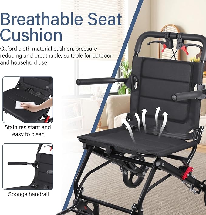 Lightweight Foldable Transport Wheelchair for Adults, 18.1” Extra Wide Seat (Upgraded from 15”), 300 lb Capacity, Easy Folding, Travel-Friendly Design