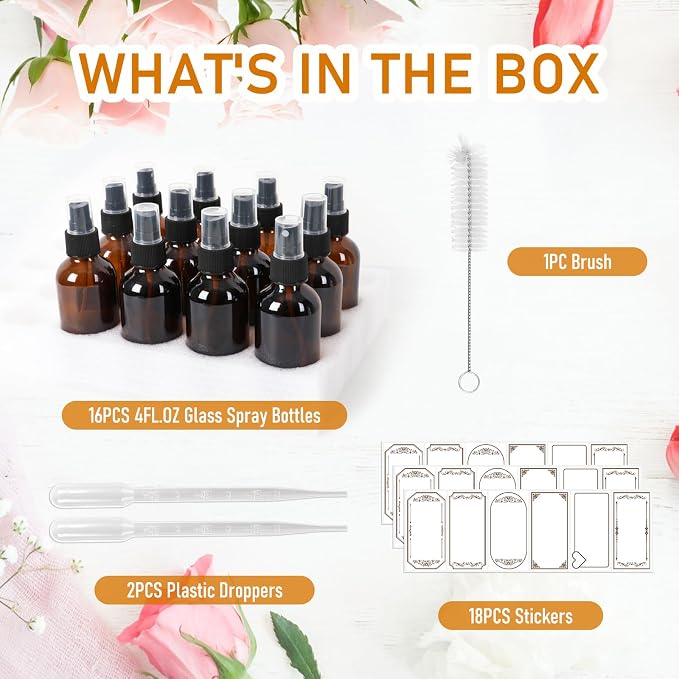 Jaisie.W 4 oz Glass Spray Bottles with Fine Mist Sprayer 16 Pack | Amber Refillable Empty Containers for Essential Oils, Perfumes, Toner, Hair, Skin Care, Plants, Cleaning Solutions & Travel