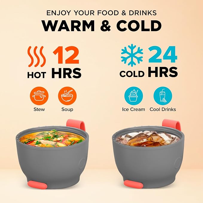 Vacuum Insulated Food Jar. Large 12oz Bowl incl. Folding Spoon, Cup. Wide Mouth Keep Hot & Cold Drinks Soup Lunch Container for Adults. BPA-Free Stainless Steel, Leak Proof Fusion Coral