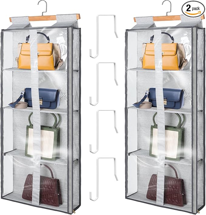 Silkfly 2 Pack Hanging Purse Organizer with Zipper for Closet Handbag Storage PVC Mesh Shelves with 4 Pockets for Bedroom Door Wardrobe Shelf Rack Space Saving(Gray)