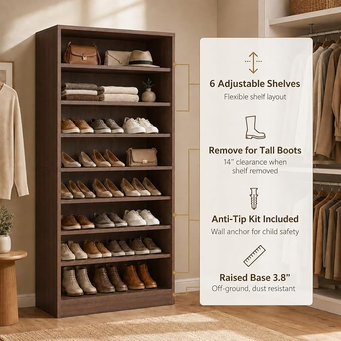 Homieasy 9-Tier Tall Shoe Rack Cabinet for Closet & Entryway, Walnut | Wooden Narrow Shoe Organizer Cabinet with Adjustable Shelves, Freestanding, for Bedroom, Hallway