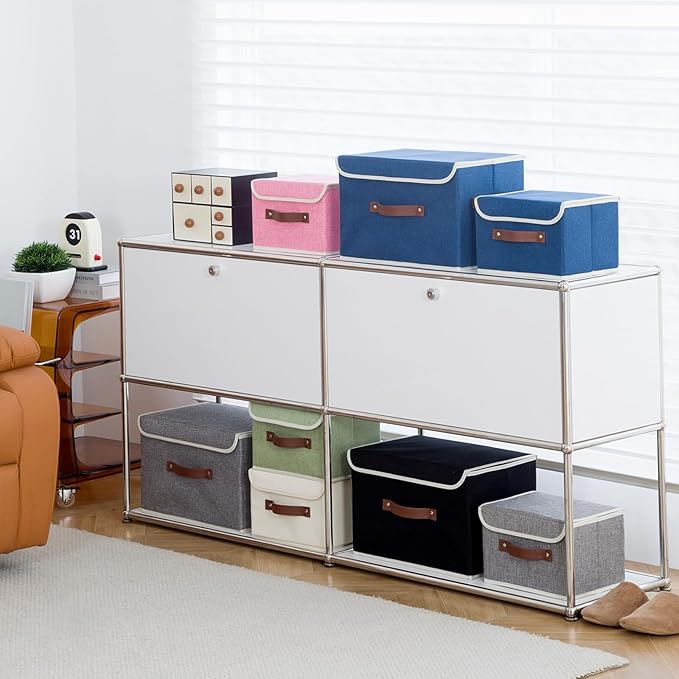 Collapsible Storage Boxes Baskets with Lid Cotton Linen Fabric Storage Bins with Faux Leather Handles Decorative Washable Cube Organizer Container for Home Closet Bedroom (Black, Small Size)