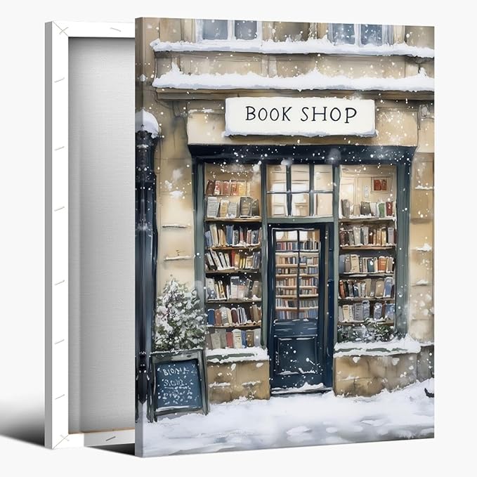 Winter Snowy Bookshop Art Aesthetic Poster Canvas Wall Art Decoration Living Room Home Decor Bedroom Decoration Poster Framed12x18inch