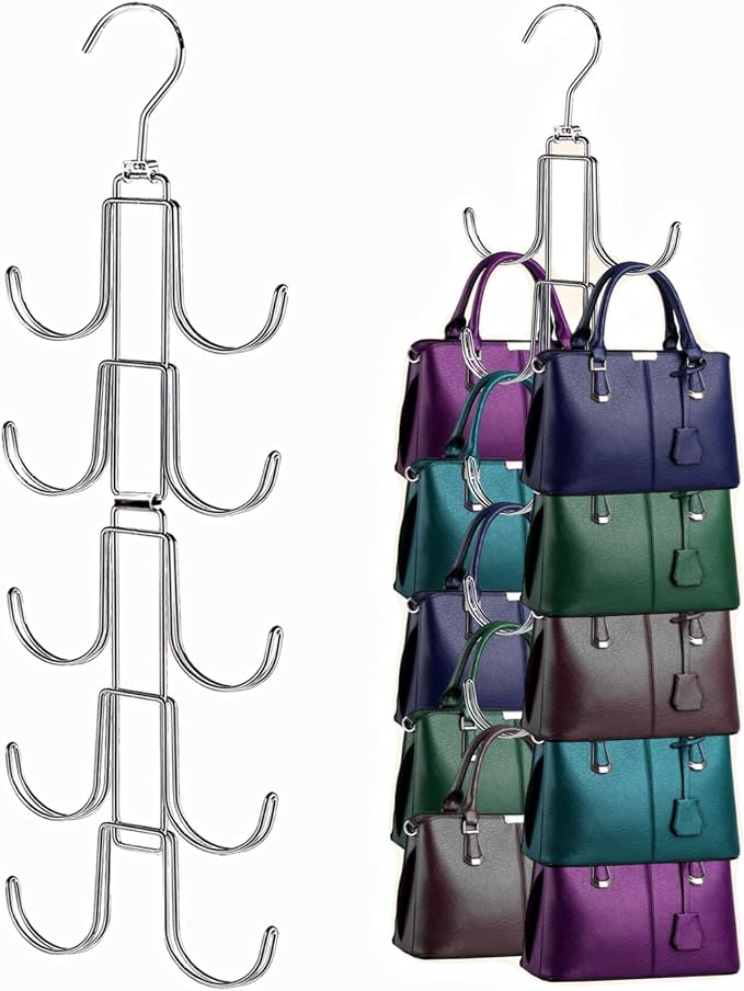 Handbags Purse Organizer for Closet: Bag Rack Hanger with 10 Big Hooks - 360° Rotation Purse Hanger for Display - Collapsible Space Saving for Handbag Belt Scarve Tie - 1 Pack Silver