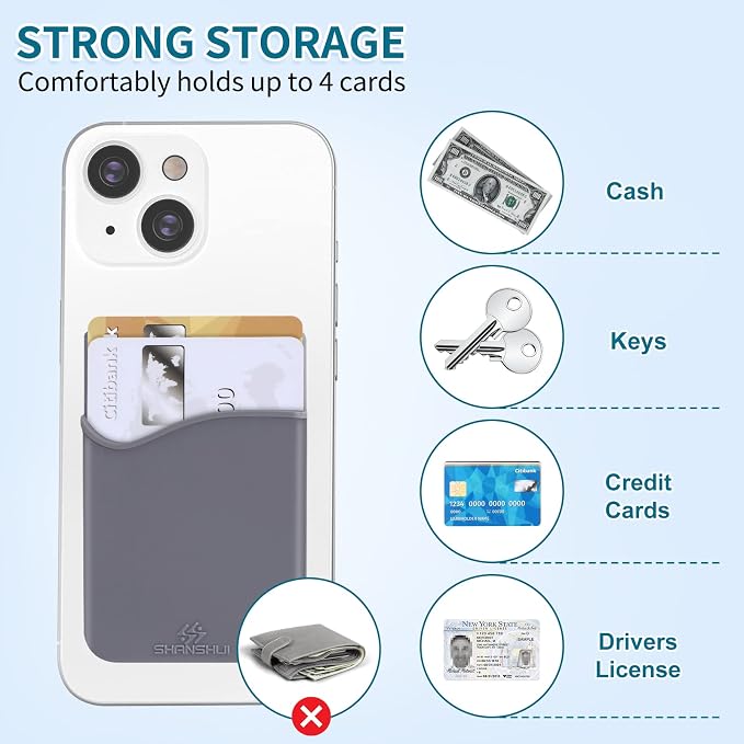 SHANSHUI Card Holder for Phone Case, 3 Pack Phone Wallet Stick on Silicone Credit Card Holder Pocket Pouch Compatible for iPhone, Android & Most Smartphones