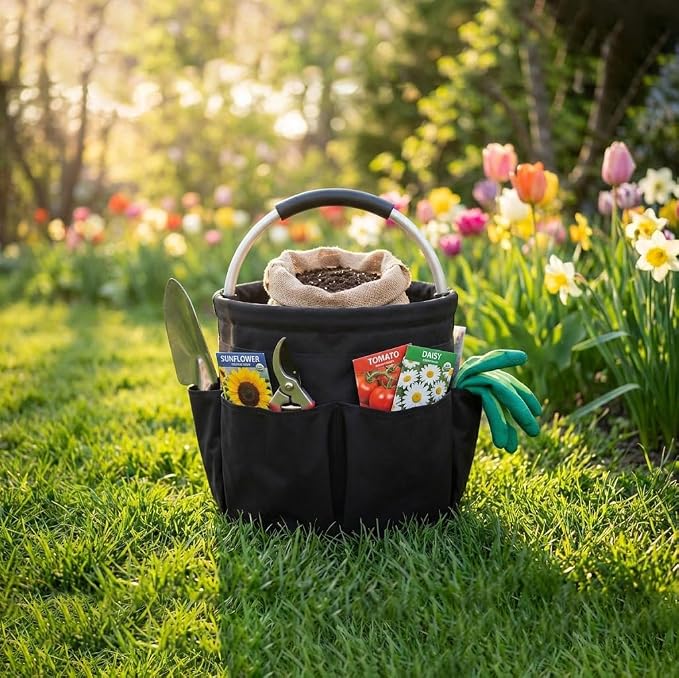 Foldable Cleaning Caddy with Handle 17L Large Cleaning Supplies Organizer 600D Oxford Portable Bucket Basket with 6 Pockets for Home Bathroom Garden Garage - Black