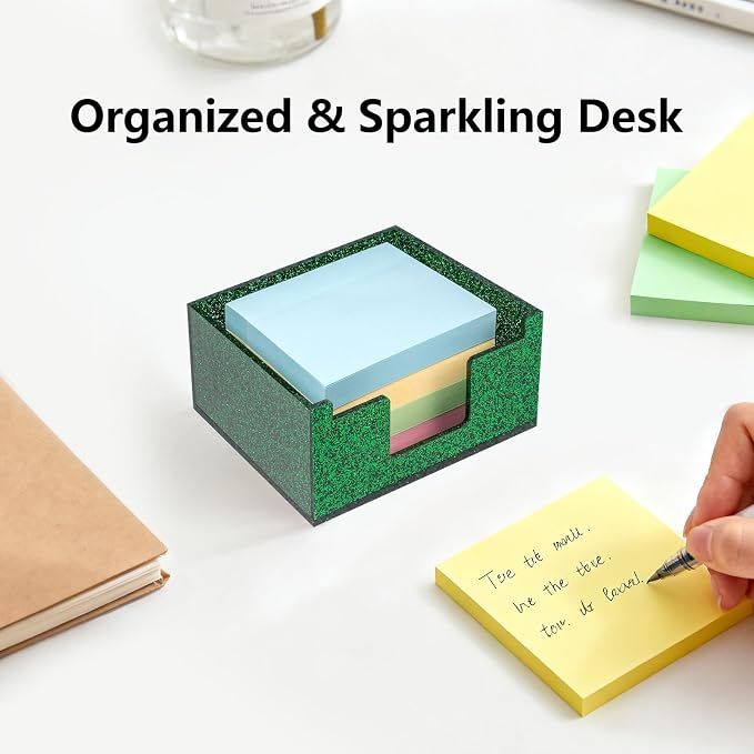 Acrylic Sticky Note Holder 4x4in Tray for Desk, Green Glitter | Sparkling glitter acrylic tray, fits 3x3 sticky notes, compact organizer for office school and home