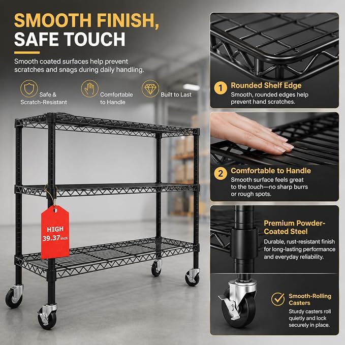 3 Tier Wire Shelving Unit with Wheels, Heavy Duty Metal Storage Shelf Rack, 36.9" W x 18.6" D x 39.4" H Rolling Wire Shelf with Locking Casters for Garage, Pantry, Kitchen, Laundry Room,