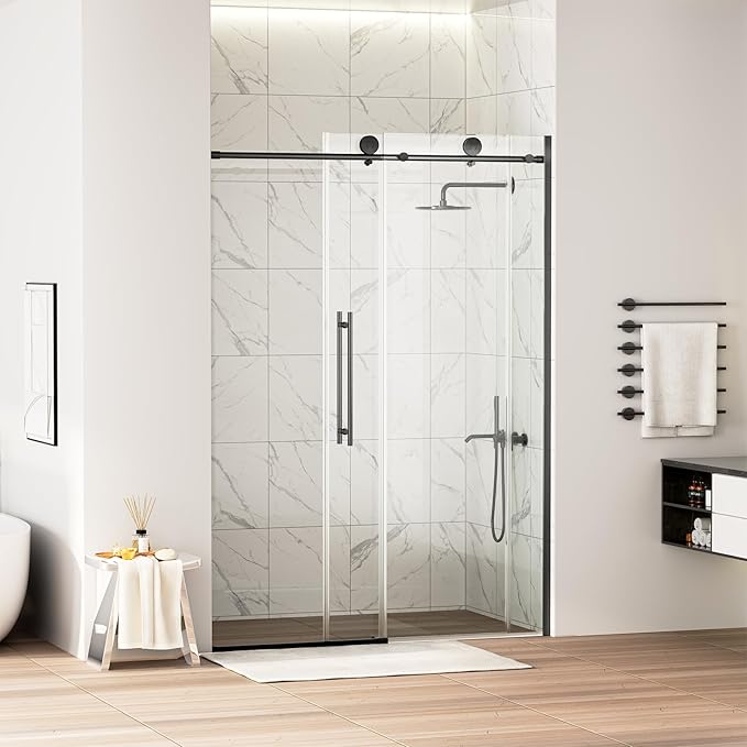 WinZo Frameless Shower Door 50-54 in W x 75 in H, Sliding Shower Door with 5/16"(8mm) Clear Tempered Glass Shower Doors, Easy to Clean Bathroom, Silent Soft-Close Design, Matte Black