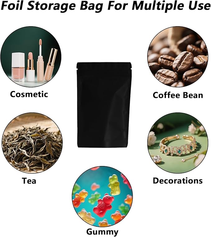 100PCS Smell Proof Resealable Pouch Bags,ULIFESTAR Aluminum Foil Flat Food Storage Bag,Sealable Pcsaging Zipper Pouches with Tear Notches for Pcsaging Lipgloss,Jewelry,etc(10*15cm/3.94*5.91",Black)
