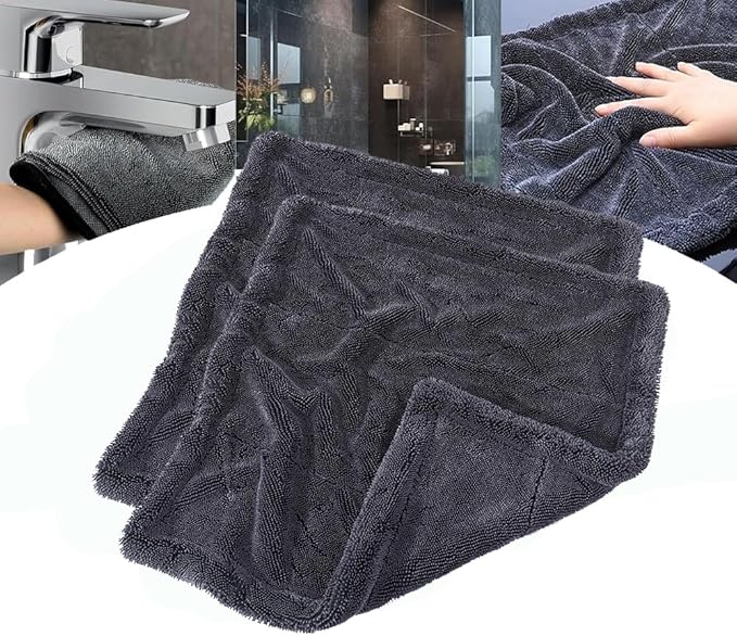 Shiny Microfiber Wipes Bath Shower Cleaning Cloths, 1300gsm Super Absorbent Microfiber Bath Towels, for Bathroom, Car and Home Toilet (2Pcs-Double Pile(15.75 * 15.75in))