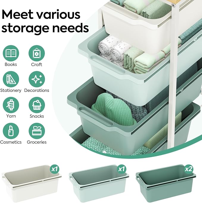 Slim Rolling Storage Cart with 4 Drawers, Craft Organizer, Wooden Tabletop Utility Cart for Bedroom, Children's Room and Office Organization, Table Side Trolley with Lockable Wheels, Green