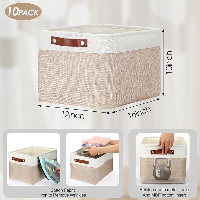 Uiifan 10 Pcs Collapsible Storage Bins Fabric Foldable Storage Basket with Handles Cloth Organizer Linen Shelf Baskets for Shelves Home Closet Nursery Toys(16 x 12 x 10 Inch,Beige and White)
