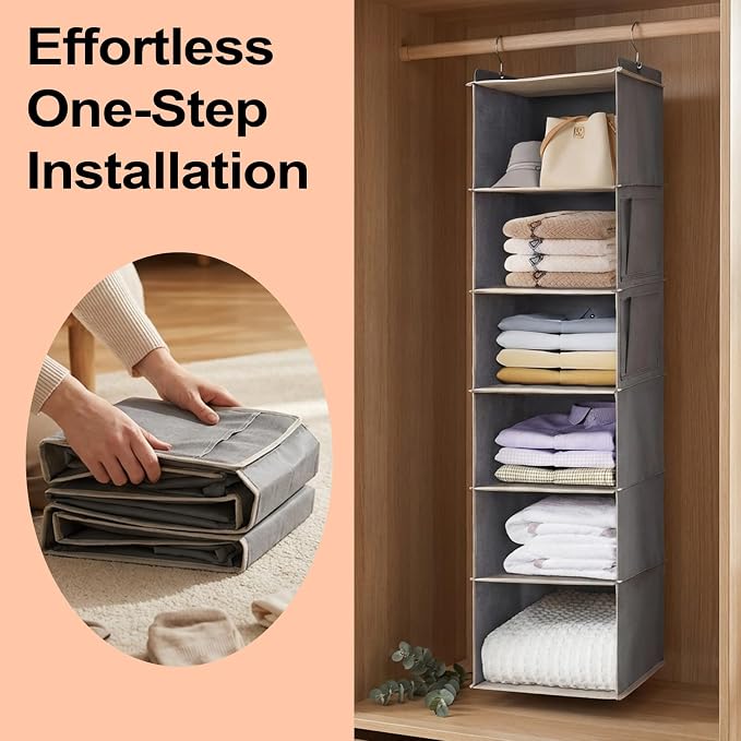 6 Tier Shelf Hanging Closet Organizer, Closet Hanging Shelf with 2 Sturdy Hooks,1 Sock Bag and 5 White Garment Bags, for Clothes, Shoes, Hats, Dorms and RVs, Foldable (Grey)
