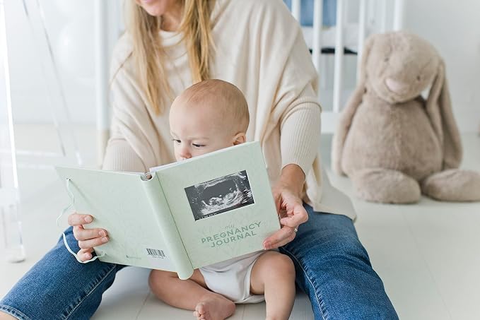 Pearhead My Pregnancy Journal, Guided Pregnancy Memory Book with Sonogram Photo Insert, Trimester Milestone Tracker & Keepsake for Expecting Moms, Baby Shower Gift, Sage Green Leaf