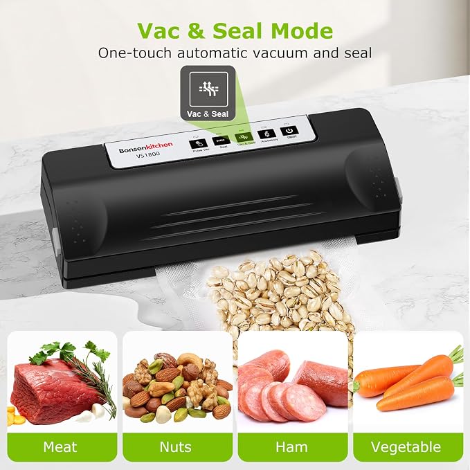 Bonsenkitchen Vacuum Sealer Machine for Food Storage,Black-Silver | Multi-Functional Food Sealer, 65kPa Suction, External Vacuum System , Compact Design with 5 Vacuum Bags