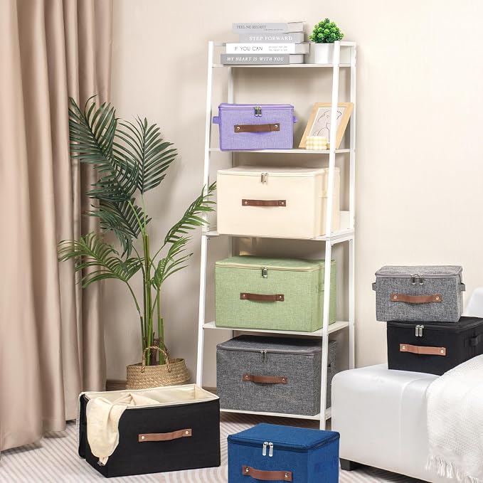 Storage Bins with Zipper Lid Foldable Fabric Lidded Storage Boxes Baskets Cubes Washable Collapsible PU Leather Handle Cotton Linen Shelves Closet Organizer Container(Purple, Small Size)