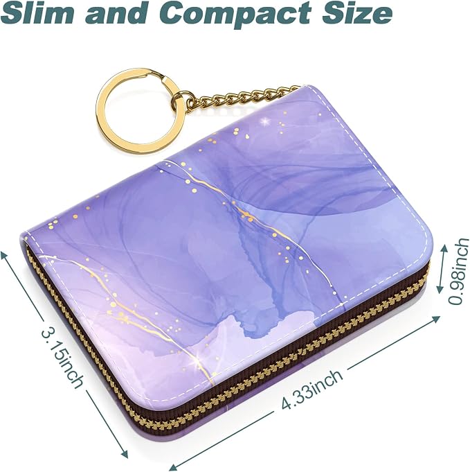 Nipichsha Women's Slim Leather RFID Wallet, Purple Marble, Compact Size, 12-Slot with Zipper and Keychain