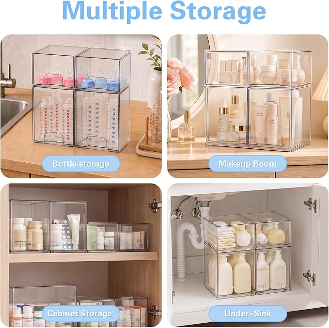 Baby Bottle Organizer, 4 Pack Clear Acrylic Stackable Storage Drawers, Baby Bottle Storage Organizer for Countertop, Nursery, Vanity & Cabinet