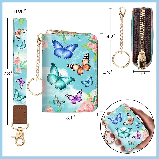 Blusabaca Women Credit Card Holder, Small RFID Wallet with Wristlet Strap | Removable Keychain, Case with Zipper, Vegan PU Leather, Cash Coin Pocket, Business Accordion Purse, Ladies Female Gift