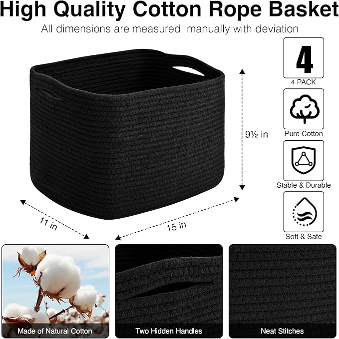 ICERZCZ Storage Baskets for Organizing & Shelves, Woven Cotton Rope Organization Bins for Dog Toys, Clothes, Books, Nursery Organizer, 15" Lx11''Wx9.5''H, (4 Packs) Black