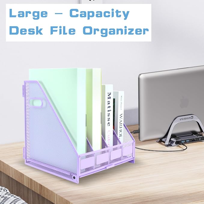 Desk Organizers Metal Magazine File Holder Racks Desktop Folder Storage Binder Organiser Document Organization for Home Office & Classroom,4 Vertical Compartments-Purple