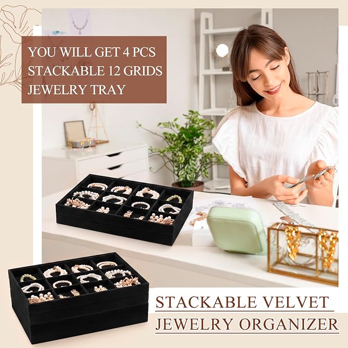 Cinnvoice 4 Pcs Stackable Jewelry Organizer Tray, 12 Grids Velvet Bracelet Ring Necklace Tray, Jewelry Organizer Trays for Drawer Display Selling Bangle Necklace Earring Showcase Storage(Black)