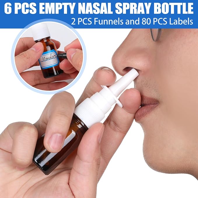 10 Pcs Nasal Spray Bottle, 10ML/0.35OZ 6 Pcs Refillable Fine Mist Glass Empty Nasal Spray Bottle with 2 Funnels and 2 Labels
