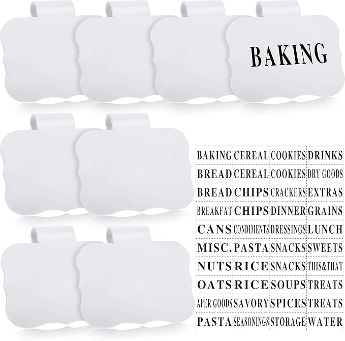Zonon 8 Pack Basket Labels Clips with 40 Pcs Pantry Labels Set Removable Bin 3.5 x 2.4 Inch - for Kitchen, Pantry, Black & White Words