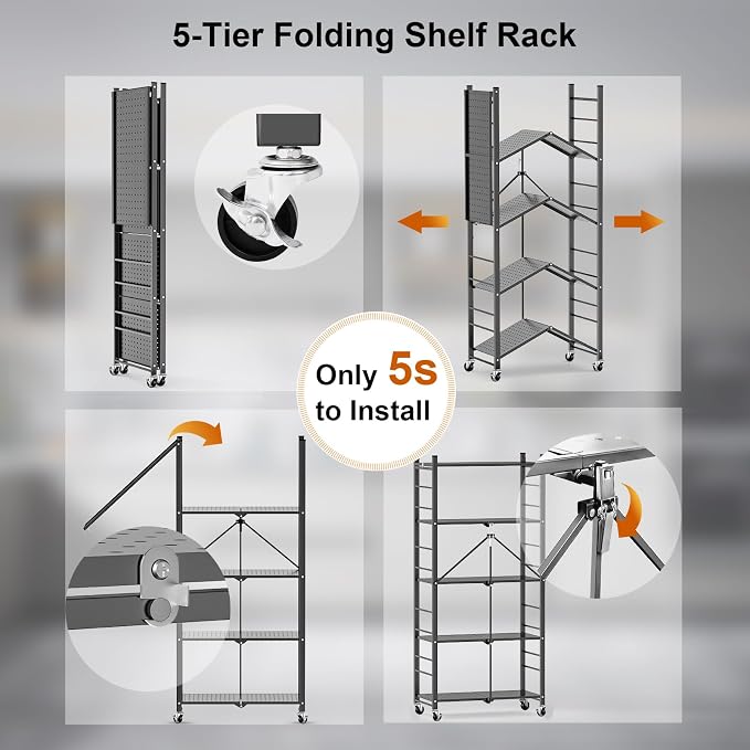 Himix Storage Shelves with 20 Hooks, 5-Tier Foldable Shelves for Storage, Folding Shelf Unit Pantry Shelves Bookshelf with Wheels, Vendor Display Racks for Craft Shows, Home, Grey - No Assembly