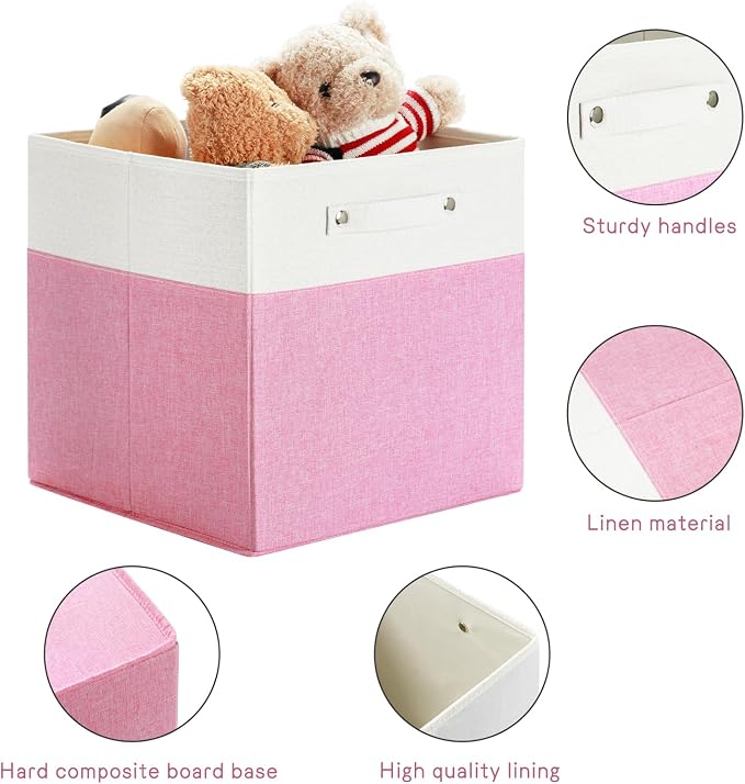 FinishingBo 13 x 13 Inch Fine Linen Storage Bins with Handles，Fabric Cube Boxs，Basket Organizers for Shelves for Home, Closet Drawers (White/Pink-6 Pack)