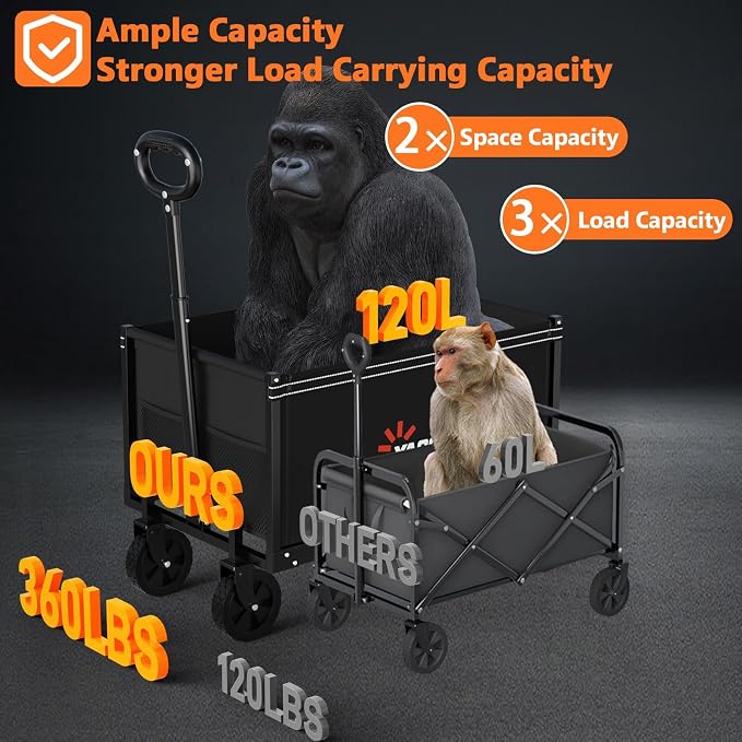 3 in 1 Wagons Carts Foldable with 360LBS Capacity, 120L Heavy Duty Collapsible Wagon, Utility Wagon Cart with Wheels for Grocery, Camping, Shopping, Beach, Garden Black