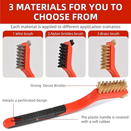 3PCS Wire Brushes for Cleaning Rust, Nylon, Brass & StainlessSteel Bristles | Upgrade Wire Brush Set with Curved Handle Grip for Paint, Rust & Stain Removal, 7-Inch Small Metal Wire Brushes