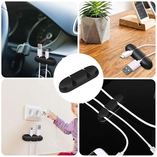 WLLHYF 3PCS Cable Clips, Cord Wire Organizer (Black) | Cable Management Holders, 4 Hole Silicone Cable Harness, USB Charging Accessory for Office and Home Desk