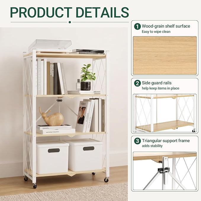 black leopard 4-Tier Foldable Shelf with Wheels, Wood-Grain Steel Shelves | Pre-assembled frame unfolds in seconds with tool-free wheel setup for fast, convenient use.