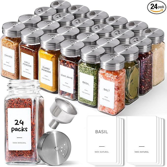 ComSaf Glass Spice Jars with Shaker Lids 4 oz 24 Pack Small Square Bulk Set | Labels, Seasoning Herbs Powders, Salt Pepper Chili, Spice Rack Organization, Kitchen Cabinet Storage, Funnel Included