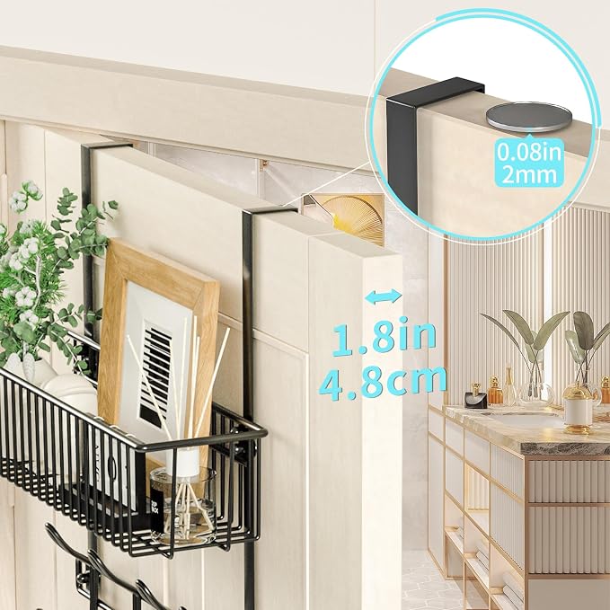 Kaiferty Over The Door Hooks Organizer,Door Hanger Door Storage with Basket,Over The Door Towel Rack Coat Hooks with 12 Hooks,for Bathroom,Bedroom,Kitchen,Office,Apartment(Black)