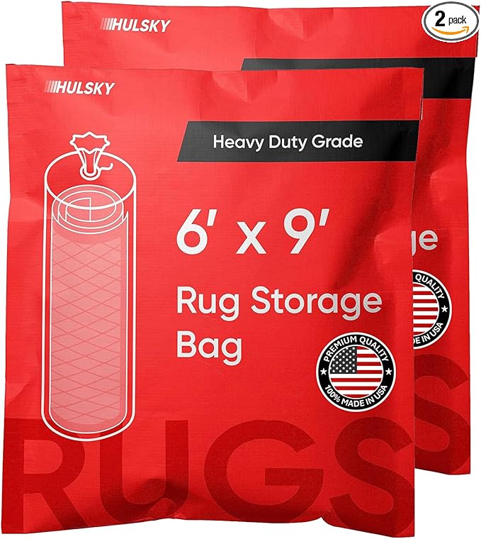 Two Heavy Duty Rug Storing Bags for Packing, Moving & Shipping - Premium USA Made Quality - Tear-Resistant Polyethylene - Waterproof, Dustproof - BPA free - Fits Rugs Up to 6x9 - Zip Tie Closure